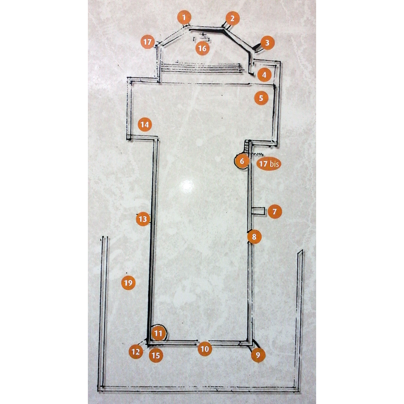 No. 11 marks the location of the font at the northwest end of the nave of the excavated church