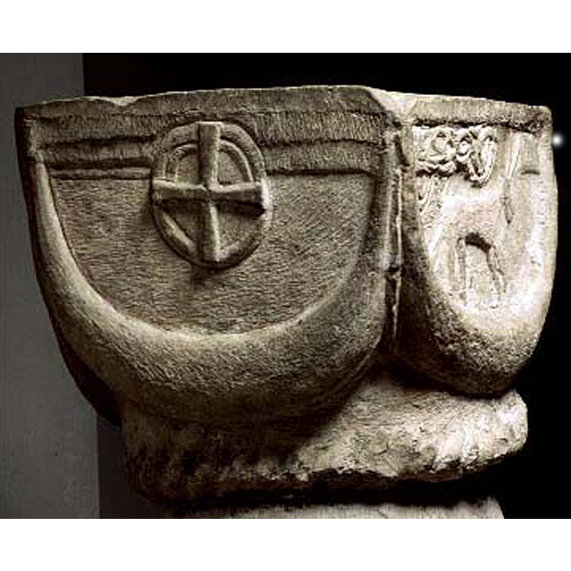 Only the upper half has the concentric semi-circle; the cross is actually not inscribed but pasted on the circles.