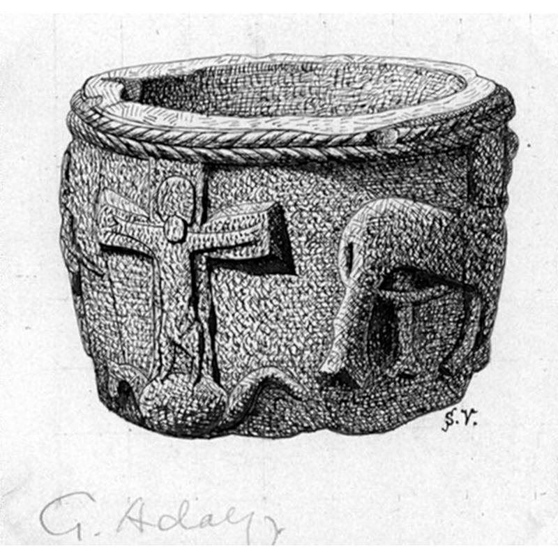 Source caption: "Västergötland. Museets samlingar. Cuppa till dopfunt från Gustaf Adolfs kyrka. Teckning: Sanfrid Welin."