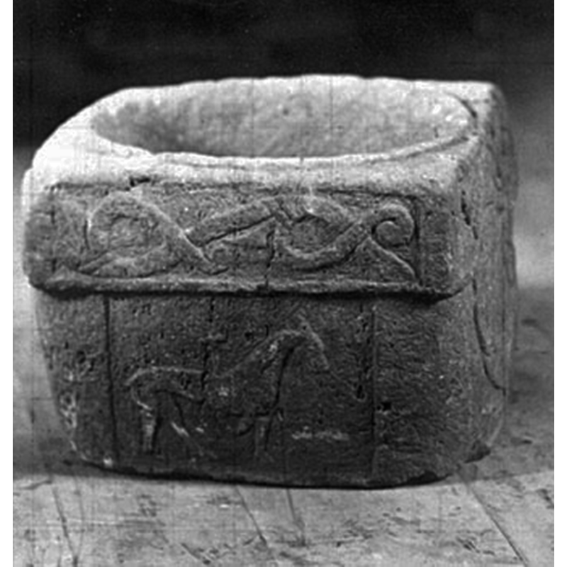 Source caption: "Västergötland. Museets samlingar. Skål till dopfunt från Härlunda kyrka. Återlämnad 1933."