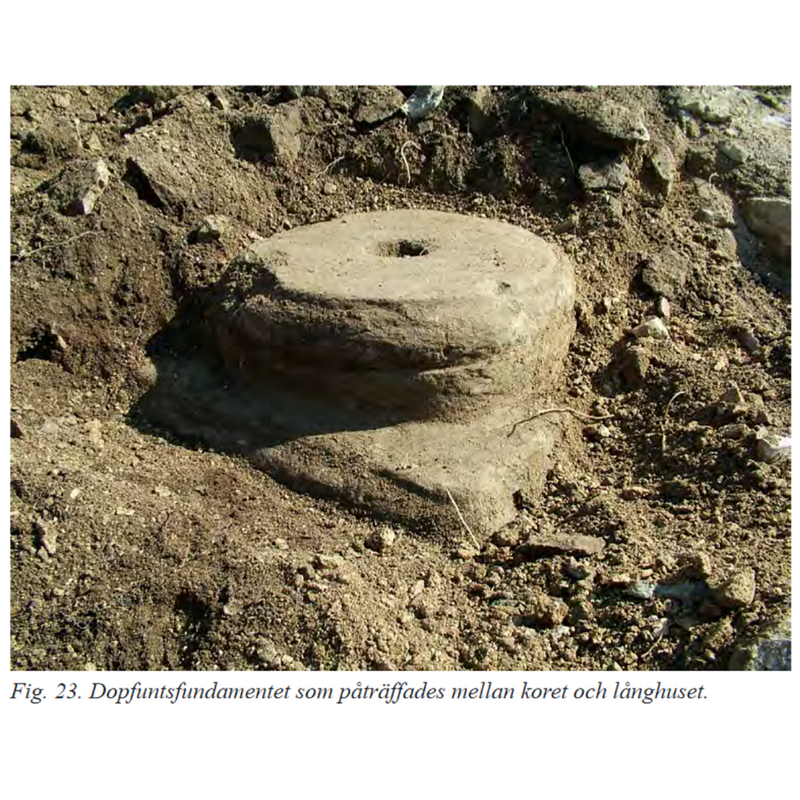 the base of the medieval font of Härlunda kyrka shown at the time of the excavation of the gamla kyrka ruins in 2005-2007; it would later re-united with its basin inside the new Bjärklunda kyrka [source: https://shfstor.blob.core.windows.net/harlunda-bjarka/uploads/file/Rapport_2018_5.pdf [accessed 30 June 2020]