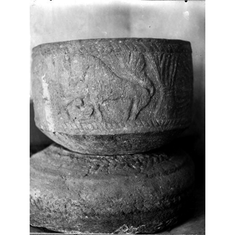 the font originally from the demolished medieval church of Södra Kyrketorp, shown here probably during his temporary stay in the 	Västergötlands museum [cf. FontNotes]