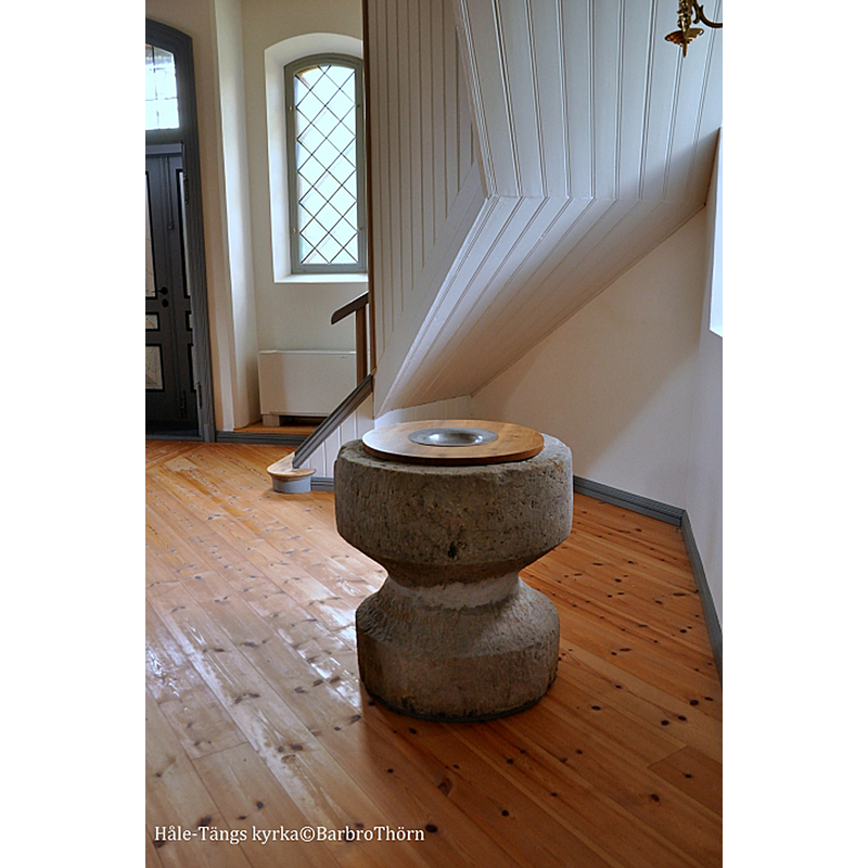 medieval baptismal font in the new parish church of Håle-Täng, said to be originally from the demolished medieval church at Håle
