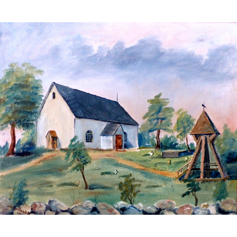 a modern painting of the old church that was demolished in 1855 -- Source caption: "Skarstads gamla kyrka, målad efter muntlig beskrivning."