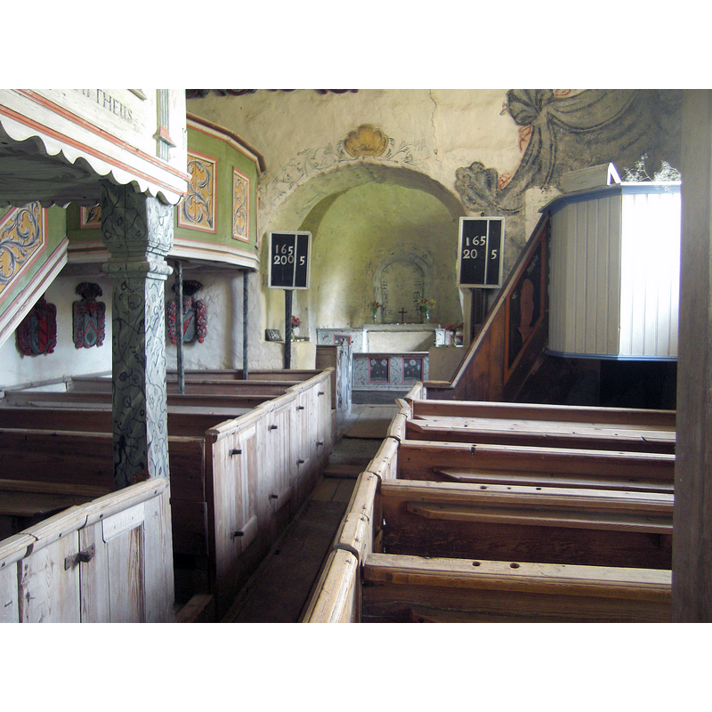 Source caption: "Interiör i Suntaks gamla kyrka i Suntaks socken i Tidaholms kommun i Vartofta härad i f.d. Skaraborgs län i Skara stift i Västergötland i Sverige."