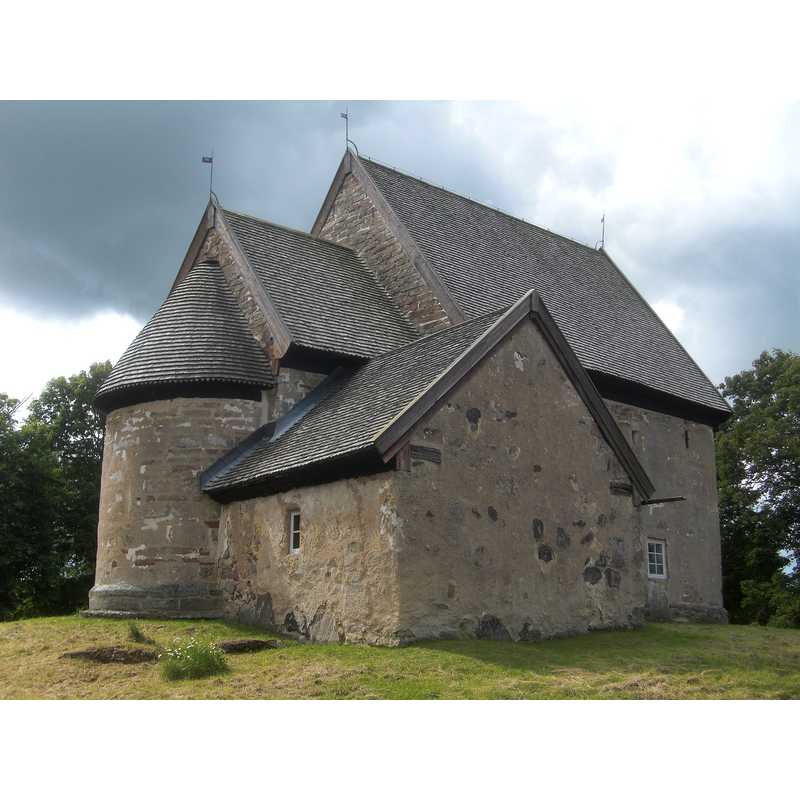 Source caption: "En romansk kyrka, Suntaks gamla kyrka i Suntaks socken, f.d. Dimbo landskommun, Tidaholms kommun, Vartofta härad, f.d. Skaraborgs län, Skara stift, Västergötland, Västra Götalands län, Sverige."