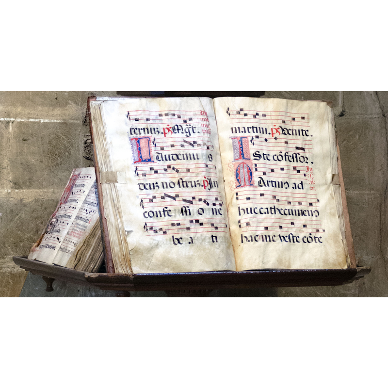 Source caption: "Tetragrama, en Briones [...] Libros con la notación musical en cuatro líneas, inventada en el siglo XI y que fue sustituida en los s XIV y XV por el actual pentagrama. Los libros están en una iglesia en Briones, La Rioja."
