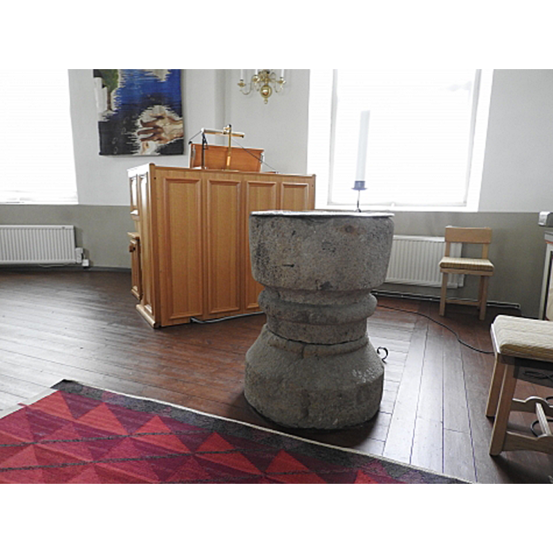the medieval font inside the mid-19thC church, at the east end of the nave, south side