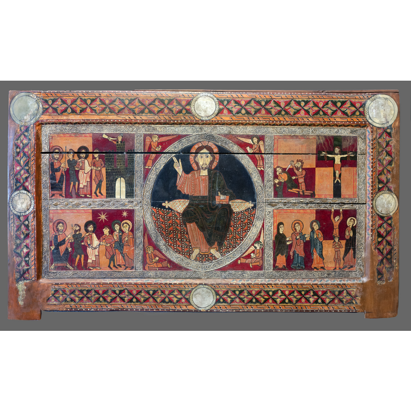 Source caption: "Frontal de altar de Sant Andreu de Sagàs, primera mitad del siglo XII. Pintura al temple sobre madera de cerezo de 171 x 100 cm. Procede de la iglesia de Sant Andreu de Sagàs (Berguedà) MEV 1615." [NB: this is a photograph of the original altar frontal from Sant Andreu de Sagàs, now kept at the Museu Episcopal de Vic (MEV) -- the one in the church now is a copy]