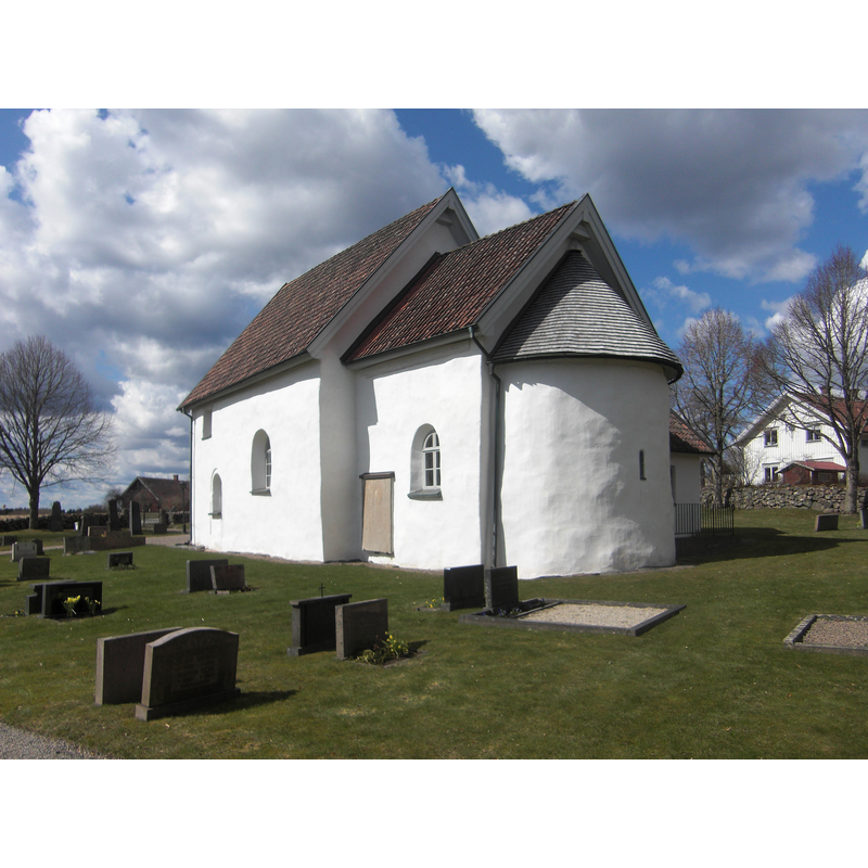 Source caption: "Exteriör av Mjäldrunga kyrka i Mjäldrunga socken, Gäsene härad, Herrljunga kommun, Skara stift, f.d. Älvsborgs län, Västergötland, Västra Götalands län, Sverige."