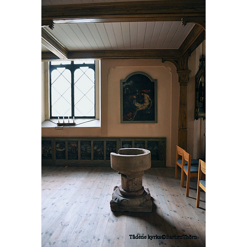 the medieval font in the late-19thC church
