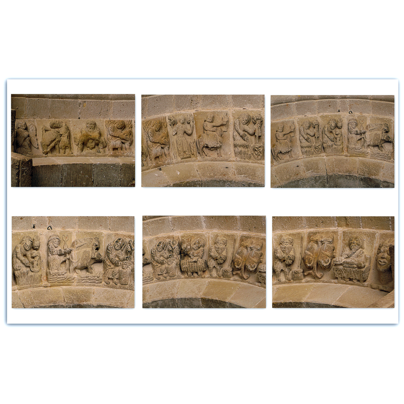 Source caption: "Los doce meses del año. El semicircular regocijo de los trabajos y los goces anuales. El calendario de Beleña de la portada románica de su iglesia, las escena estan talladas en una pieza de piedra (dovela), excepto las pertenecientes al mes de agosto y noviembre que la ocupan dos. Comenzando por la izquierda su revista, aparece... En primer lugar un ángel rudo y sencillísimo.  
Enero es simbolizado por una escena de la matanza del cerdo
En febrero aparece un viejo calentándose al fuego, junto a una pequeña hoguera. 
De marzo se trae la poda de los arbustos y árboles.
En abril se ve a una joven con ramos de flores en ambas manos.
Y en mayo un caballero montado sobre un jamelgo descabezado, sostiene en su mano un halcón.
Junio se representa por un hombre en las faenas de la escarda. 
En julio aparece el segador cortando la mies.
En agosto se pasea un aldeano, sentado en un trillo, y arrastrado por una pareja de bueyes.
Septiembre se simboliza por un hombre que arranca el fruto de la vid y lo deposita en cestos de mimbre.
Octubre, por otra figura masculina que vuelca en una cuba el contenido líquido y oloroso de su odre.
Noviembre se presenta por la tarea de arar el campo, que aquí lo hace un hombre con un par de bueyes, esta vez vistos en proyección vertical (tanto ésta como la dovela de agosto son de doble dimensión que las demás).
En diciembre se pone a un hombre feliz tras una mesa colmada de alimentos.
El último relieve es el de una cara de buen trazado, con labios gruesos y pelo rizado. El protagonista o modelo de las escenas que componen este calendario, parece que se trata de la misma persona. Sonriente y bonachón, cara rechoncha, barba y bigote, melena corta, ropaje largo, escote ribeteado, en el mes de noviembre cambia su indumentaria y se viste con calzón corto, calzas y botos de cuero, en lugar del amplio ropaje. En el mes de julio y agosto va tocado con una especie de caperuza y en el mes de noviembre lleva un tapabocas o guarda-barba".