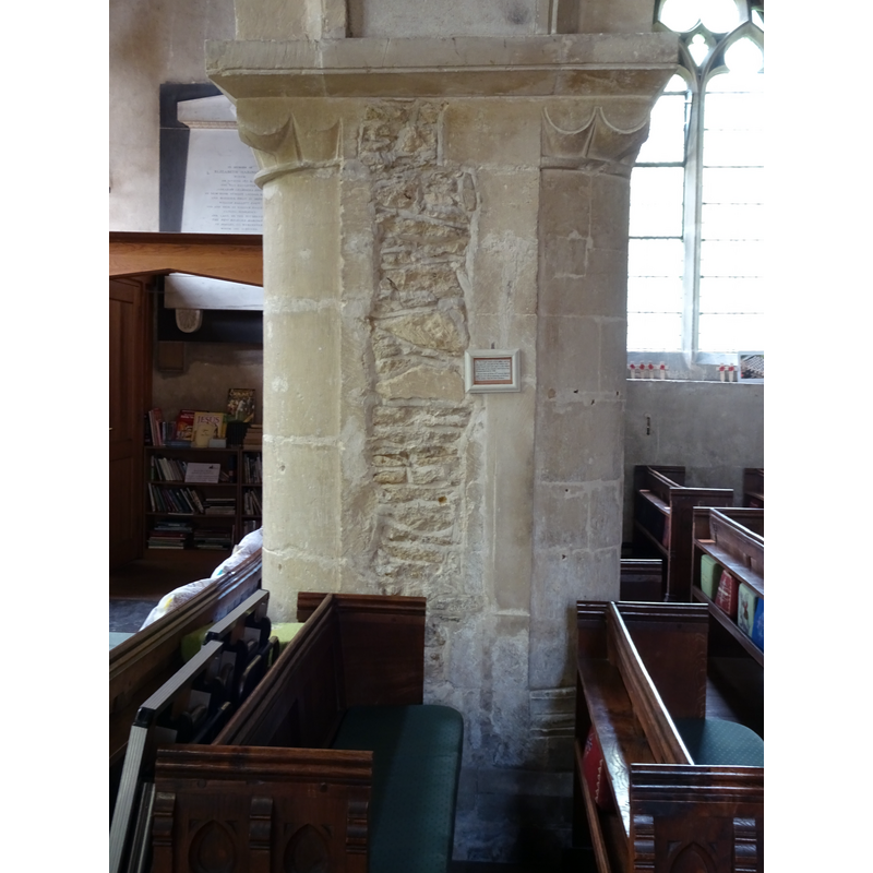 Source caption; "Corsham Church (St. Bartholomew), 5 May 2018. Remains of early 11th Century Saxon Church in south wall of chancel and part of west wall of nave now incorporated in the arcade. Rest of church mostly 12th Century Norman and 14th Century Decorated with 15th Century nave roof but heavily restored (i.e. virtually rebuilt) in 1875-78 by G E Street who demolished old central tower and built a new south tower with spire whilst C F Hansom remodelled the chancel in 1880 and added the Methuen Chapel. Pictured is a pillar of the south arcade showing the exposed Saxon rubble."