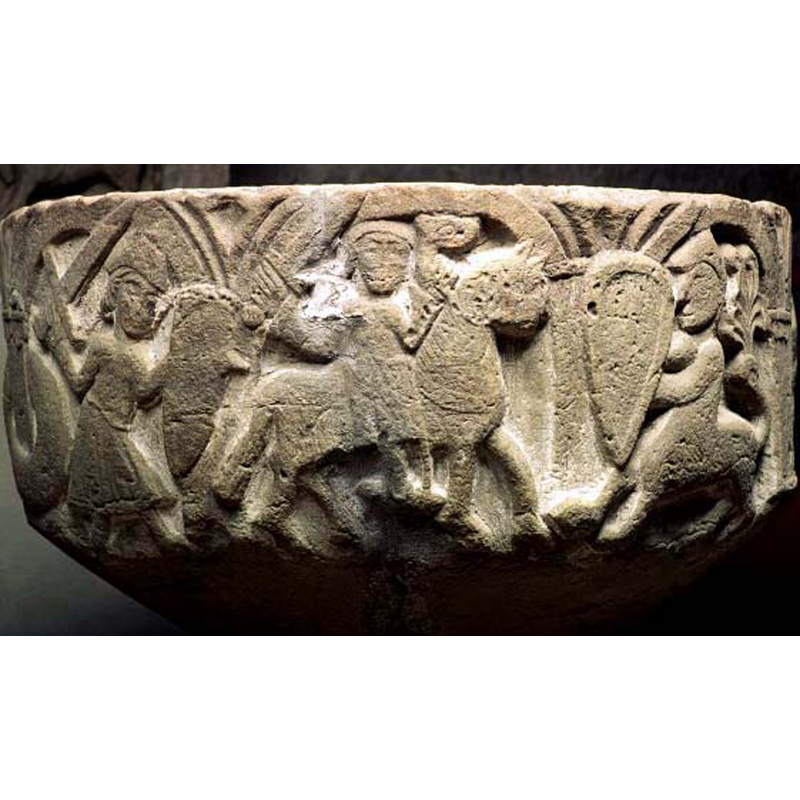 Three figures comprise this scene. The first is on foot, in profile, holding a sword and shield. The second figure is on horseback, with a sword and shield fighting a centaur which also has a shield (its weapon may be hidden behind the shield