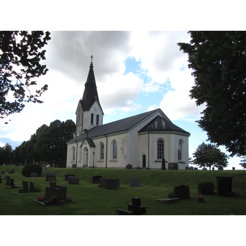 Source caption: "Skånings-Åsaka kyrka norr om Skara i Västergötland." -- the new church of 1873 replaced a medieval one demolished in 1871