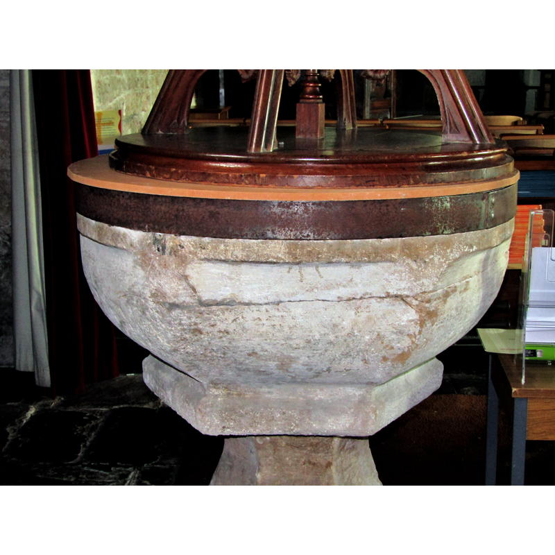 the basin was probably totally round originally but appears to have been re-cut; the polyconal end of the basin underbowl is incongruous; the metal cinch was added to reinforce a cracked basin