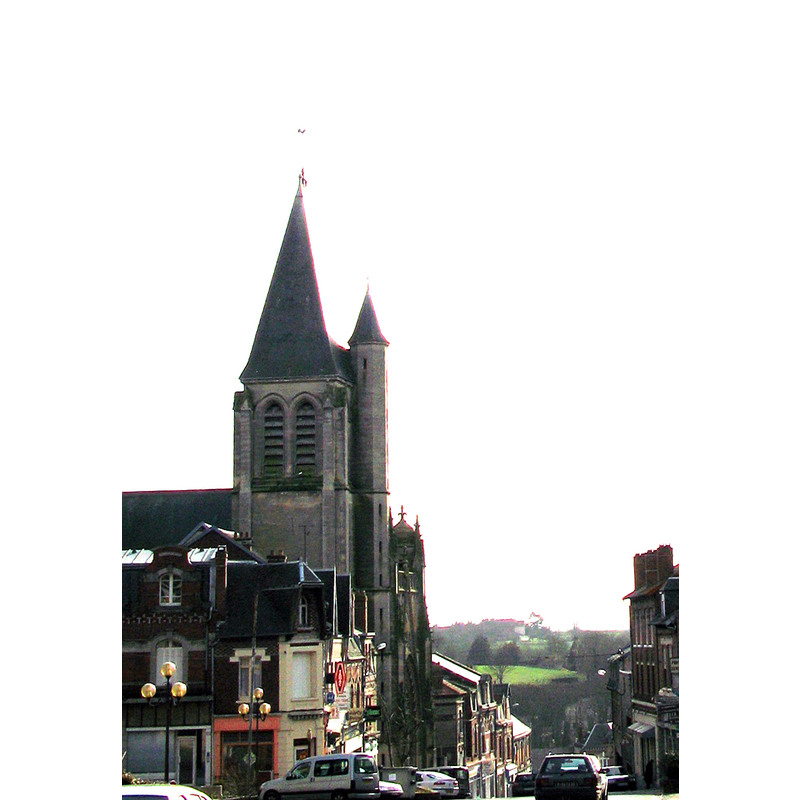 Source caption: "Montdidier (Somme, France) - L'église du Saint-Sépulcre. La rue Parmentier descend vers la vallée et la voie ferrée."