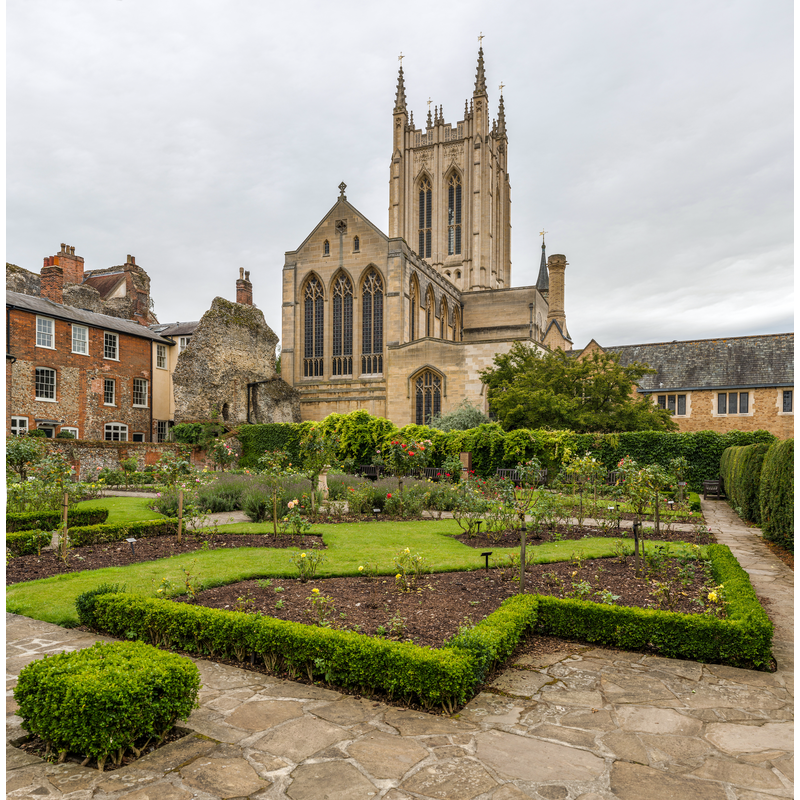 Source caption: "The view looking west towards St Edmundsbury Cathedral in Suffolk, England."