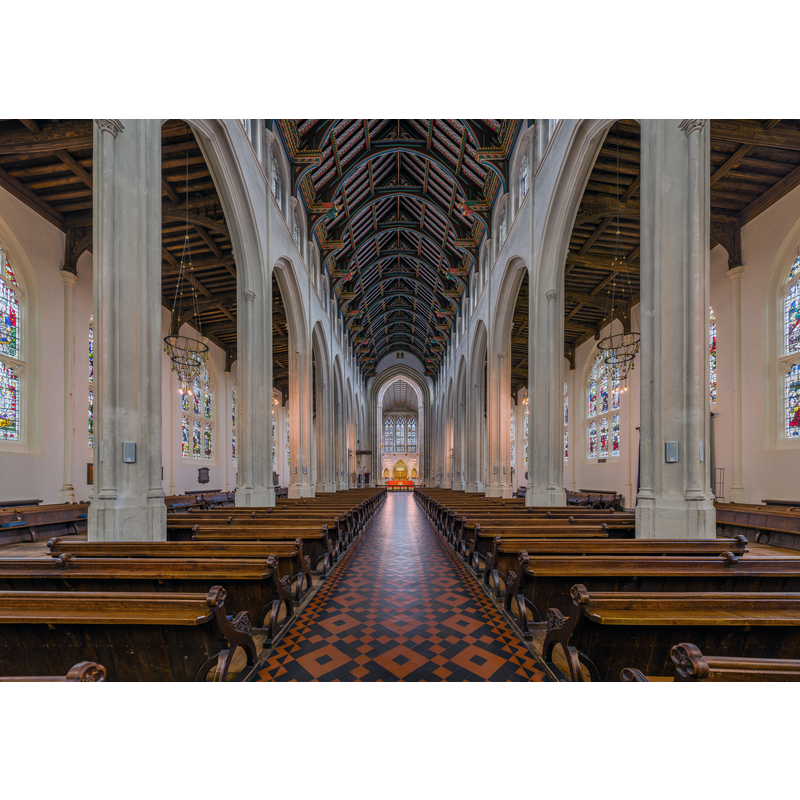 Source caption: "The view from the nave looking east in St Edmundsbury Cathedral in Suffolk, England."