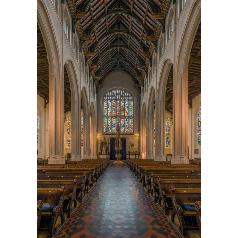 Source caption: "The view from the nave looking west towards the west window in St Edmundsbury Cathedral in Suffolk, England."