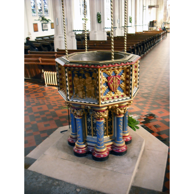 Source caption: "Baptismal font, St. Edmundsbury Cathedral, Bury St Edmunds, Suffolk"