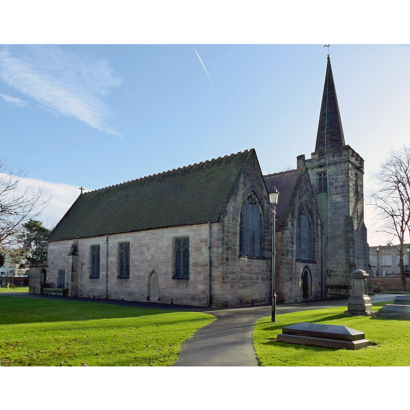 Source caption: "Church of St Laurence, Long Eaton. View from the north west. North aisle and nave added in 1868, 15th century tower and spire."