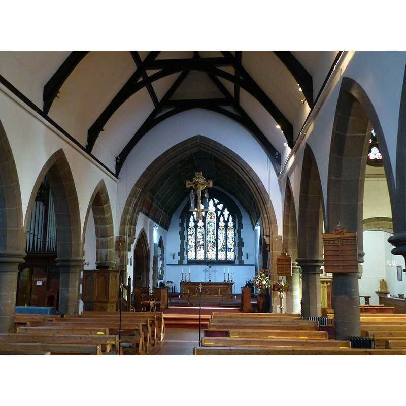 Source caption: "Church of St Laurence, Long Eaton. The nave and chancel, looking east. Relatively plain arcades, 5-light east window in Decorated style."