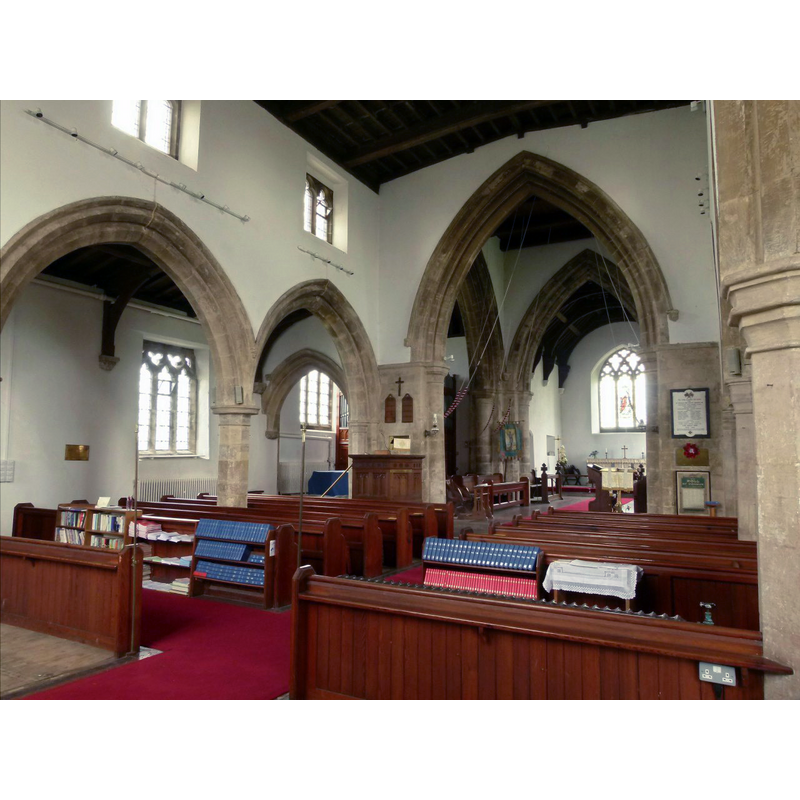 Source caption: "Church of St Remigius, Long Clawson. Interior looking east with the north aisle arcade and central crossing arches of late 14/early 15th century date."