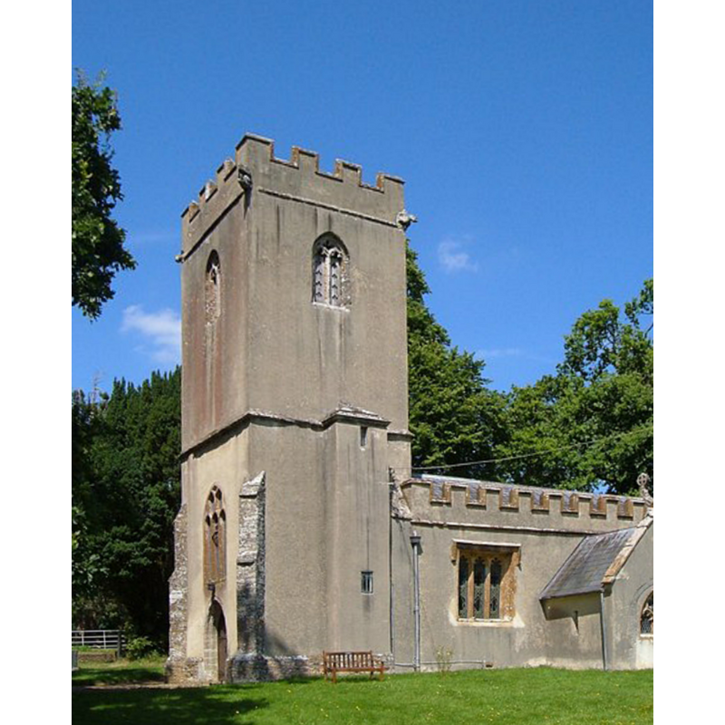 Source caption: "St Michael's Church, Angersleigh. The tower is C14; the remainder, C15, was restored heavily in the mid-C19. Crenellations to tower and nave"