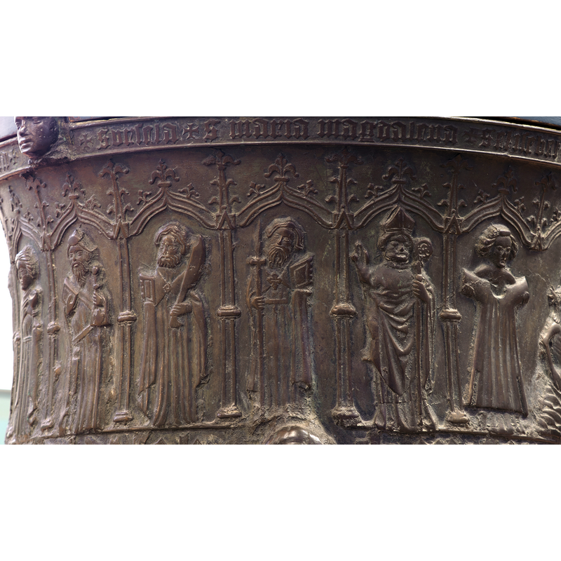 to the left of the bishop: John the Evangelist -> James the Greater? -> Bartholomew -> Simon or Thomas?