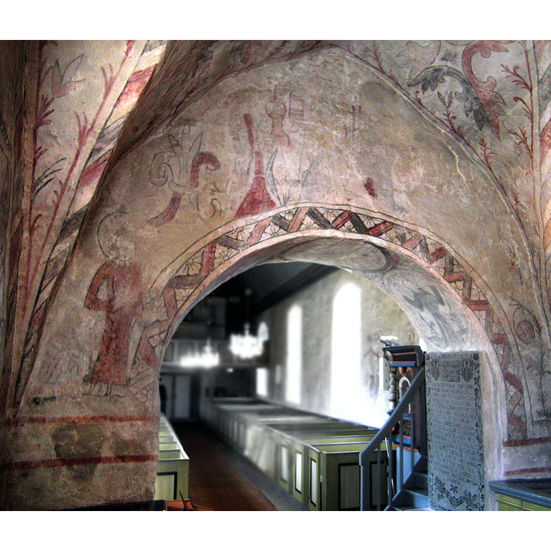Source caption: "Väggmålning på triumfbågen i Vilske-Kleva kyrka, Vilske härad, Falköpings kommun, f.d. Skaraborgs län, Skara stift, Västergötland, Sverige. Vilske-Kleva kyrka är en 1100-talskyrka i Romansk stil."
