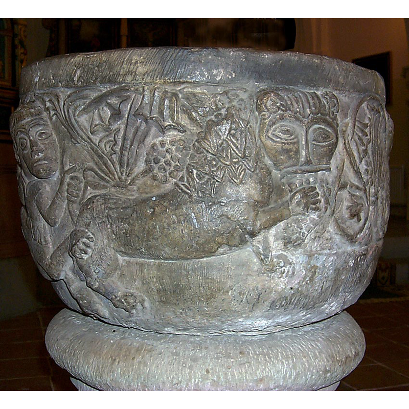 Source caption: "Baptismal font from Glostorp church, Sweden. About 1150."