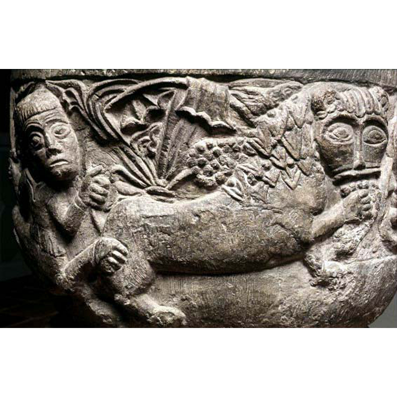 on the left a sword-wielding centaur arracks a passant-gardant lion eating a bunch of arum or grapes; the left hand of the centaur holds the tail of the lion -- notice the decorated mane of the lion and the complex acanthus plant on its back