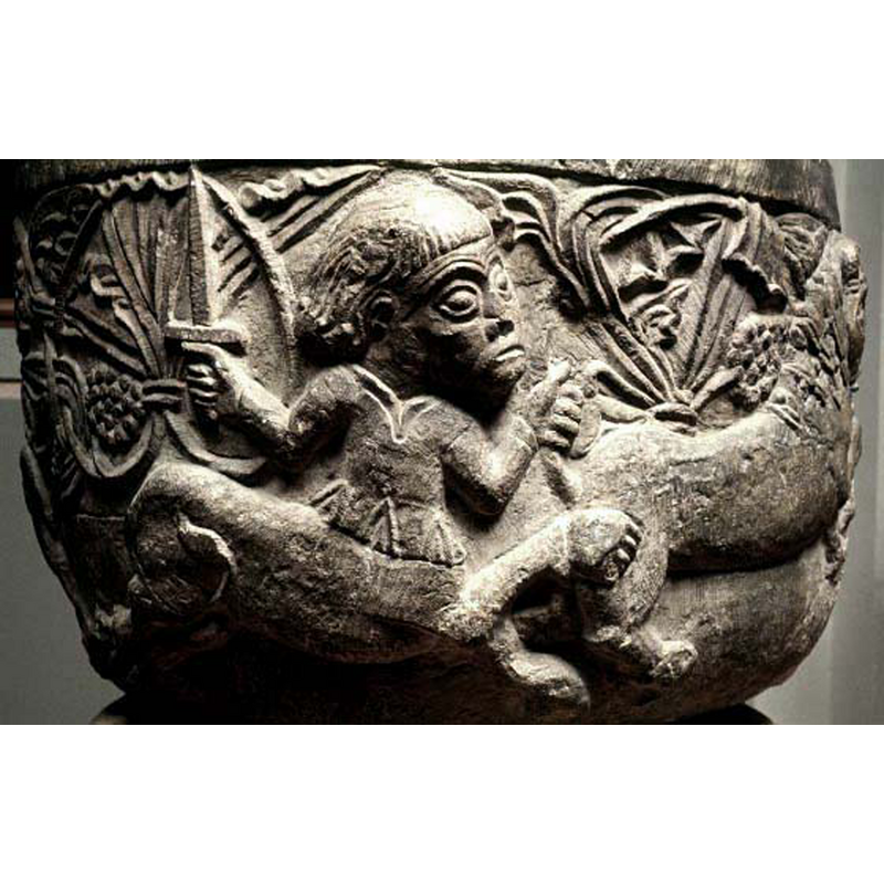 another centaur fighting a lion scene; this centaur holds a sword in its right hand while its left hand holds the tail of the lion -- notice the adorned vest or doublet worn by the human part of the centaur