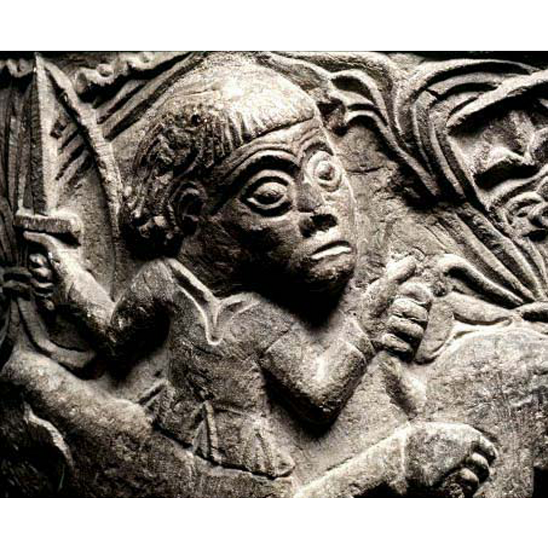 this centaur holds a sword in its right hand while its left hand holds the tail of the lion -- notice the adorned vest or doublet worn by the human part of the centaur