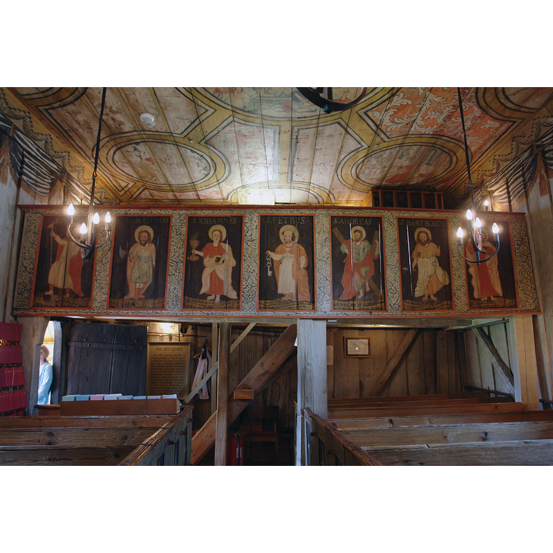 Source caption: "Stabkirche von Hedared: Apostelbilder auf der Brüstung der Empore"