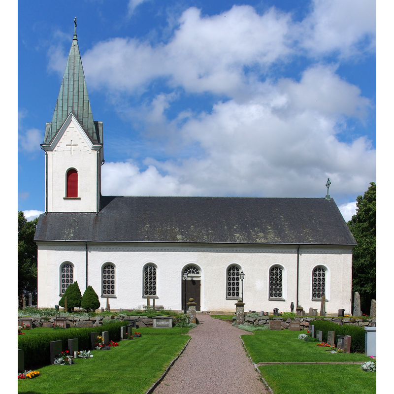 Source caption: "Skallmeja kyrka i Skallmeja socken i Skånings härad i Västergötland och Skara kommun i Västragötalands län i Sverige."