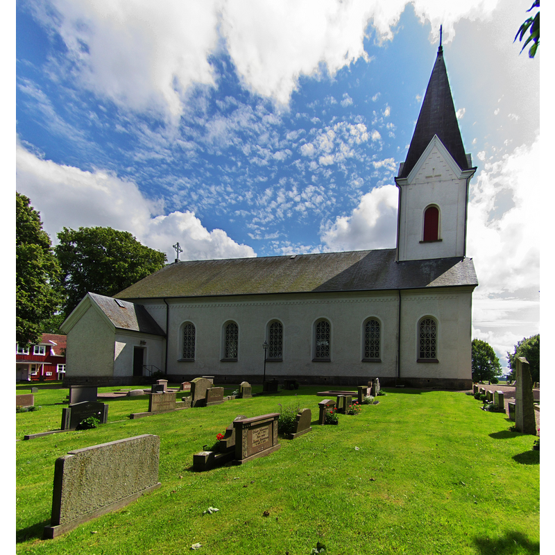 Source caption: "Skallmeja kyrka i Skallmeja socken i Skånings härad i Västergötland och Skara kommun i Västragötalands län i Sverige."