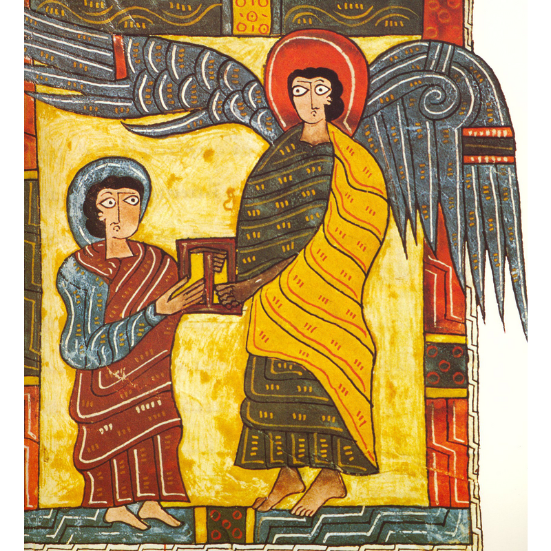 Source caption; "Enluminure sur parchemin: L'Ange remet à Jean la lettre pour l'Eglise d'Ephèse. Apocalypse II -- c.950-955 -- Monasterio de El Escorial, Real Biblioteca de San Lorenzo, Ms & II. 5, f°29"