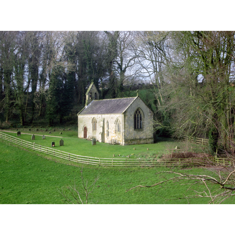 Source caption: "St Ethelburga Church Great Givendale. Looking almost like a model in the morning sun.Pevsner gives c1150 as its date with Norman chancel arch some 13th century windows and the whole was rebuilt using the old material in 1849"