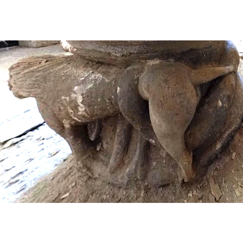 the tail of the snake goes between the hind legs of the lion and coils around its body
