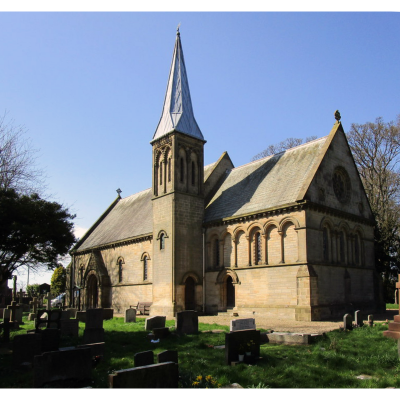 Source caption: "Church of St. John the Evangelist, Sewerby. Designed by Sir George Gilbert Scott 1846-48. A Neo-Norman church, a style Scott did not usually work in but designed under pressure from the patron Yarburgh Greame"