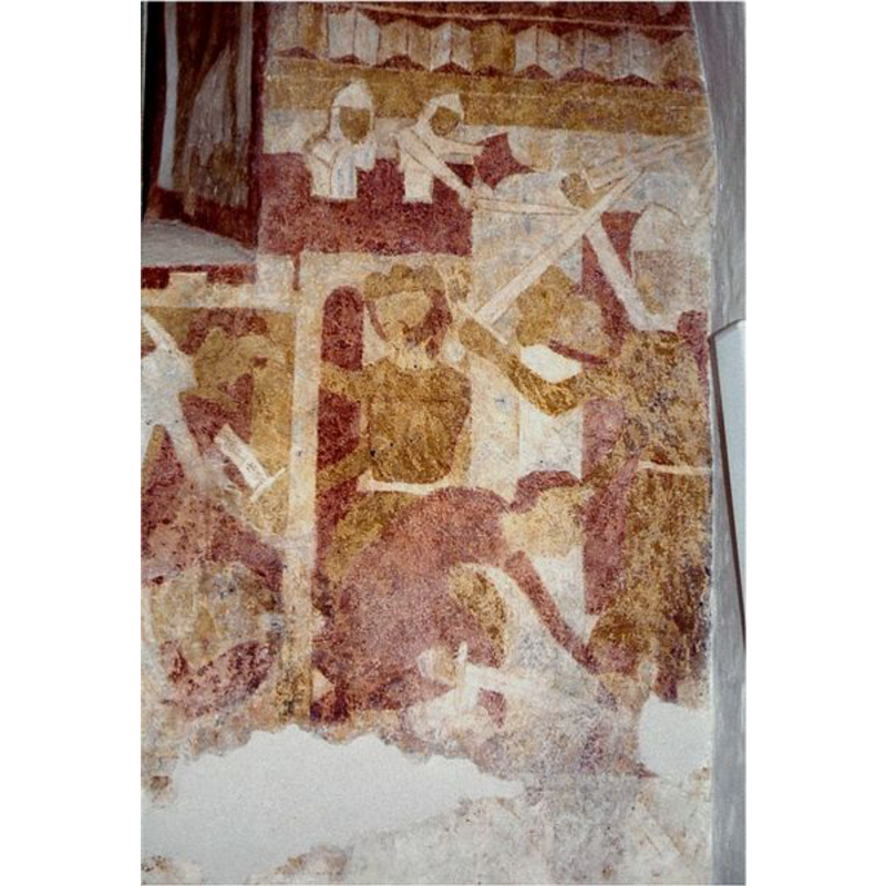 a detail of a medieval [13thC?] mural painting on the north wall of the nave; they were uncovered in the 1960s