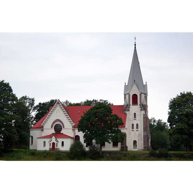Source caption; "Kyrka i Kalv, Kindaholms församling, Svenljunga kommun." -- [NB: the old church was destroyed by fire in 1896 and rebuilt in 1898-1899; much renovated since]