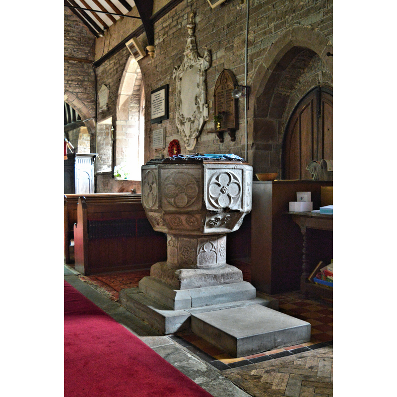 Source caption: "St Deinst, Llangarron [...] Now part church, part community centre. The fine 15th century font."