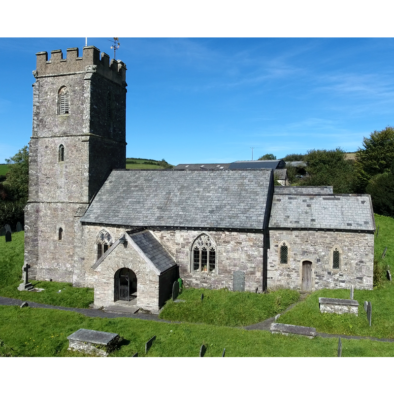 Source caption: "St Mary's Church, Molland, Devon. Aerial view from south. Foreground in front of south porch: 1856 chest-tomb of Quartly family of Great Champson and West Molland Barton."