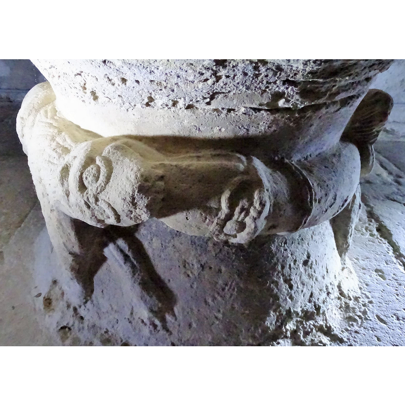 the head of the lion bites the head of the snake; at the far left is the head of the knight