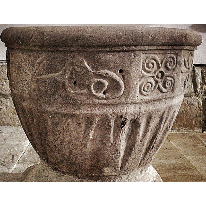 An unidentified animal faces or fights a serpent (?)