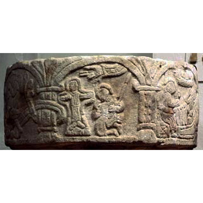 notice the sequence of scenes on the side: the tail of the dragon is coiled around the left pillar --> the Crucifixion, Longinus and the Manus Dei occupy the centre arch --> the Nativity is partially visible in the left arch