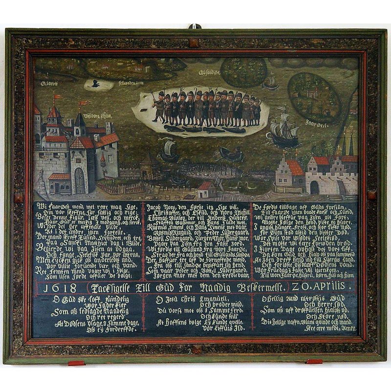 Source caption: "Fårö-Kirche auf Fårö (Gotland). Votivbild von 1618 zur wundersamen Rettung von Seehundjägern"
